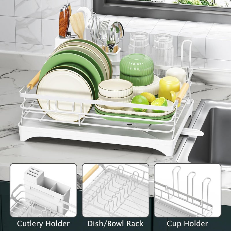 Epicano Dish Drying Rack for Kitchen Counter,Space-Saving Dish Rack,Rustproof Dish Drainer with Utensil Holder and Knife Slots for Sink,Kitchen Drying Rack with Wooden Handle and Cup Holder,White - Image 3